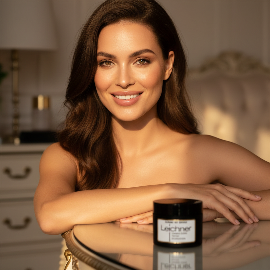 Radiant woman with flawless skin using Leichner Foundation Beige - beauty results