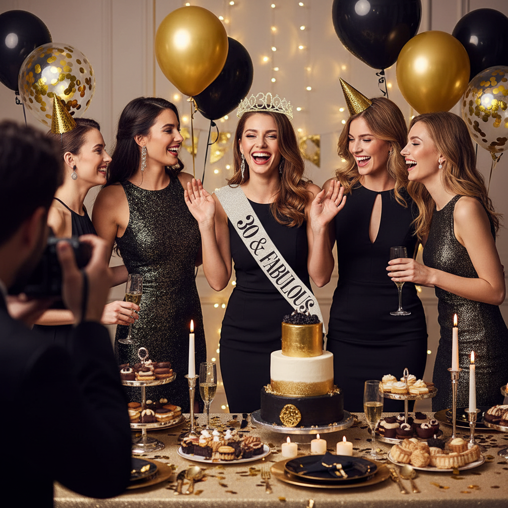 Birthday girl in 30th birthday sash and tiara celebrating with friends at stylish party