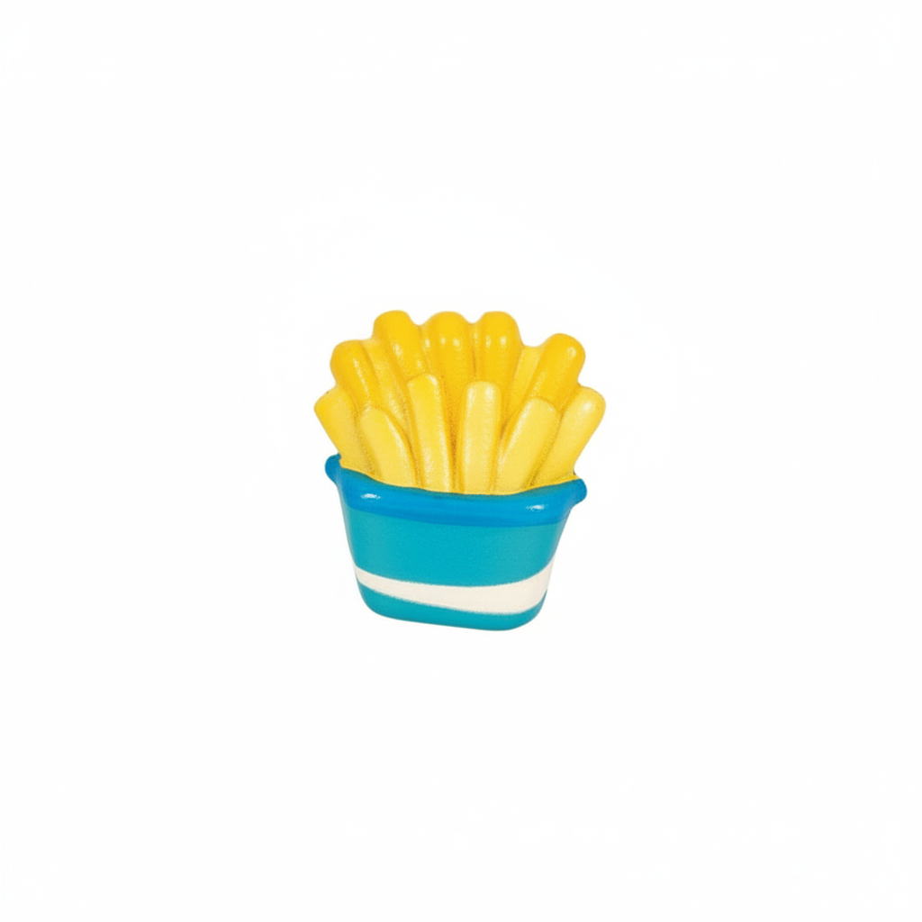 Squishy fast food toy - slow rise french fries in teal cup on white background, 5cm