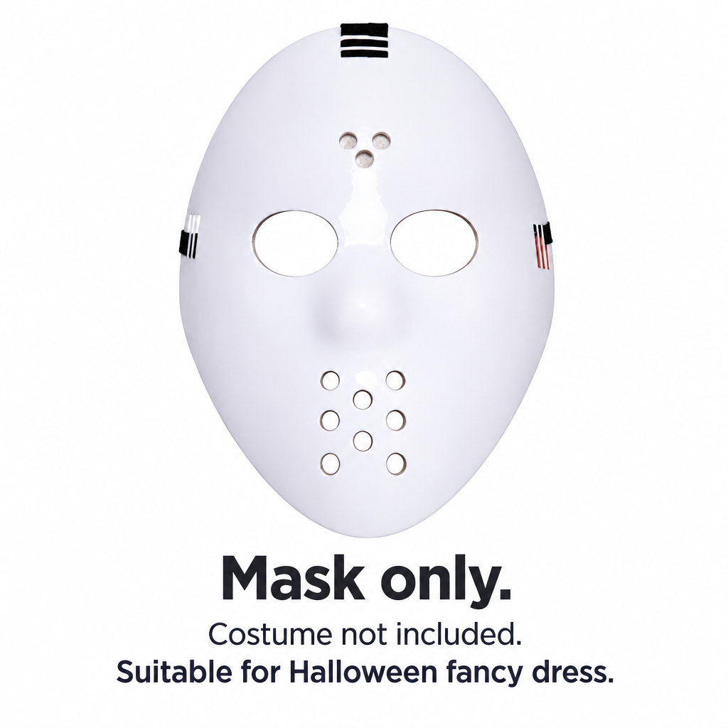 White hockey mask above text stating mask only, costume not included, for Halloween fancy dress