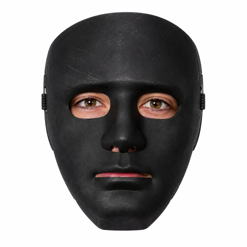 Black robot Halloween mask with metallic-look mechanical detailing, front view on white