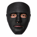 Black robot Halloween mask with metallic-look mechanical detailing, front view on white