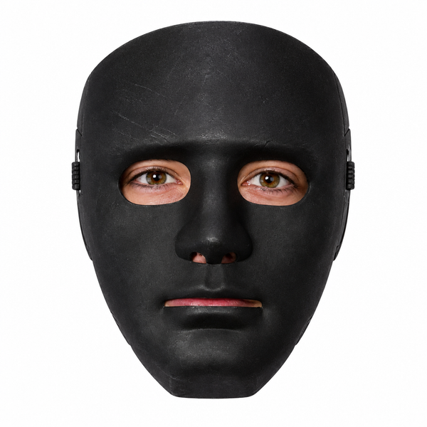 Black robot Halloween mask with metallic-look mechanical detailing, front view on white