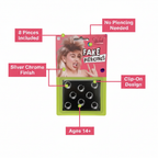 Fake Piercings Set 8-Pack feature infographic with callout labels: 8 Pieces Included, No Piercing Needed, Silver Chrome Finish, Clip-On Design, Ages 14+