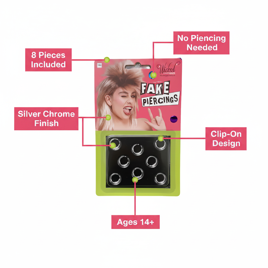 Fake Piercings Set 8-Pack feature infographic with callout labels: 8 Pieces Included, No Piercing Needed, Silver Chrome Finish, Clip-On Design, Ages 14+