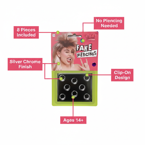 Fake Piercings Set 8-Pack feature infographic with callout labels: 8 Pieces Included, No Piercing Needed, Silver Chrome Finish, Clip-On Design, Ages 14+