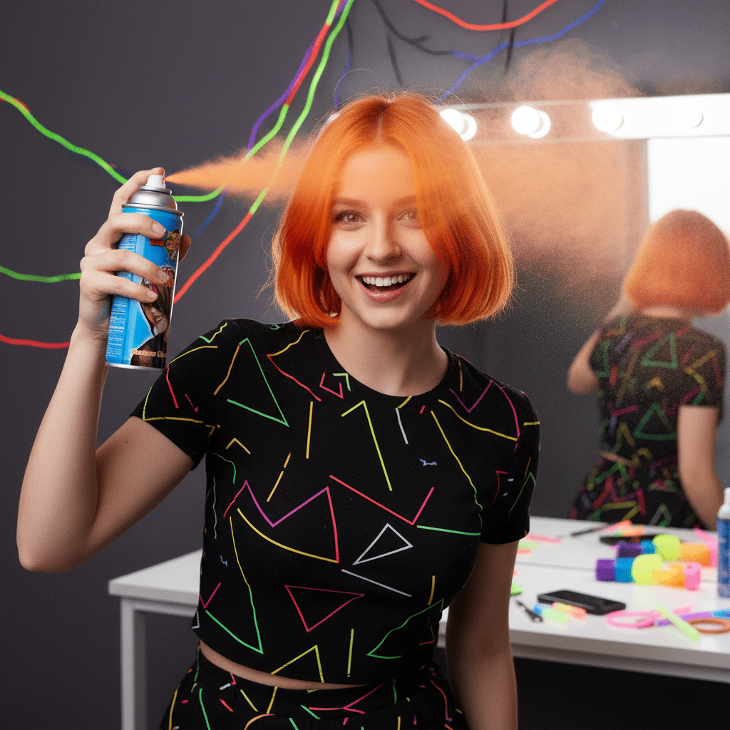 Person applying Party Success fluorescent orange hair spray - easy application for UV glow effect