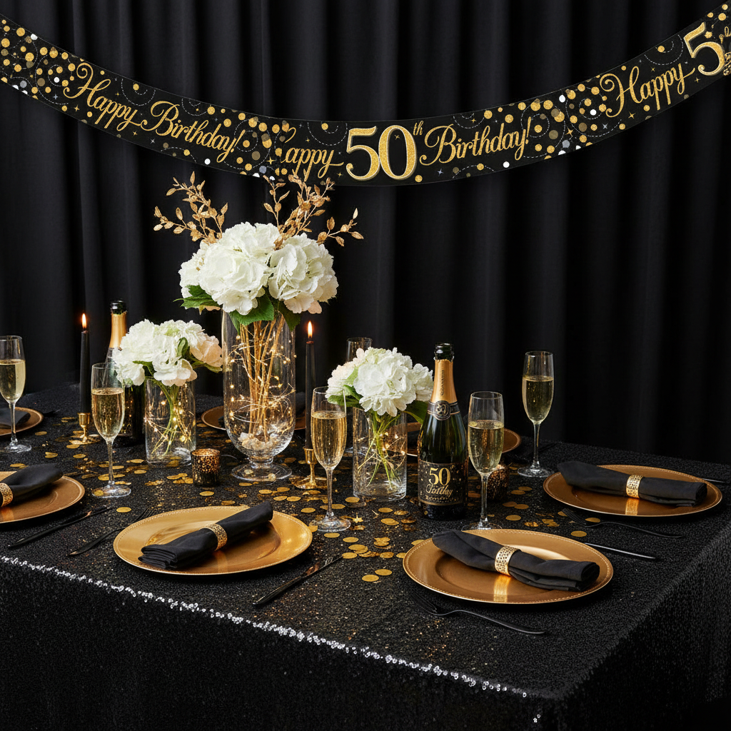 Elegant 50th birthday party table setup with Sparkling Fizz banner and black gold decorations