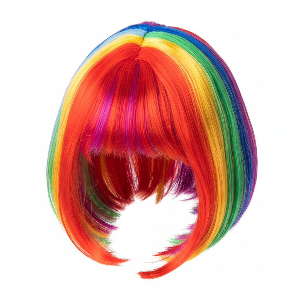 Diva multi colour rainbow bob wig on white background — front view studio hero shot