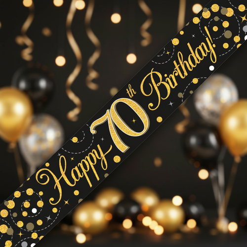 9ft Sparkling Fizz 70th Birthday Banner in black and gold holographic finish - premium party decoration