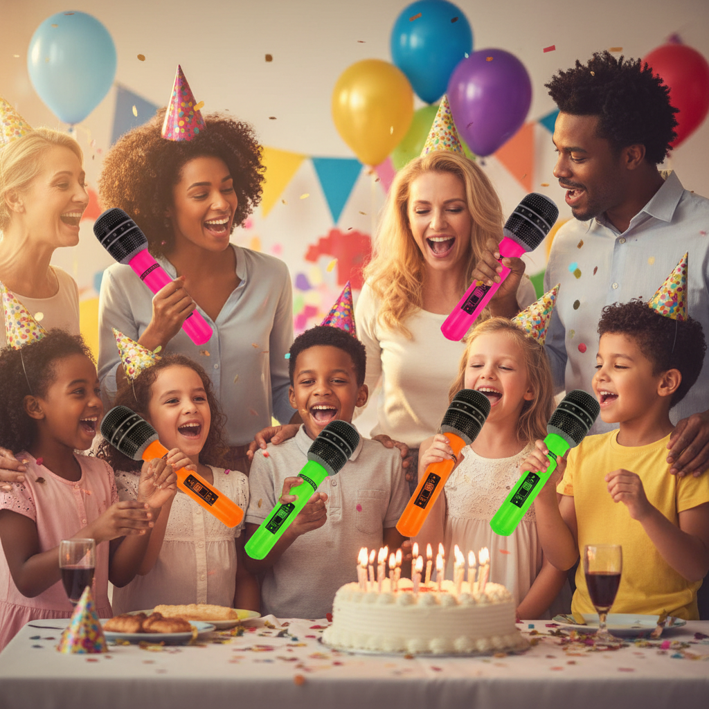 Children and adults at a colourful birthday party each holding neon inflatable microphones in pink, orange, yellow and green — joyful celebration scene