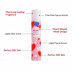 Insette Heart Body Fragrance 75ml infographic showing key features: 75ml long-lasting fragrance, heart motif design, fine mist spray nozzle, light floral scent, perfect gift size