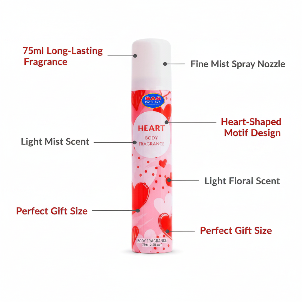 Insette Heart Body Fragrance 75ml infographic showing key features: 75ml long-lasting fragrance, heart motif design, fine mist spray nozzle, light floral scent, perfect gift size