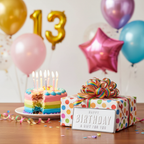 Happy Birthday money wallet on a wrapped gift box surrounded by birthday cake, candles and balloons