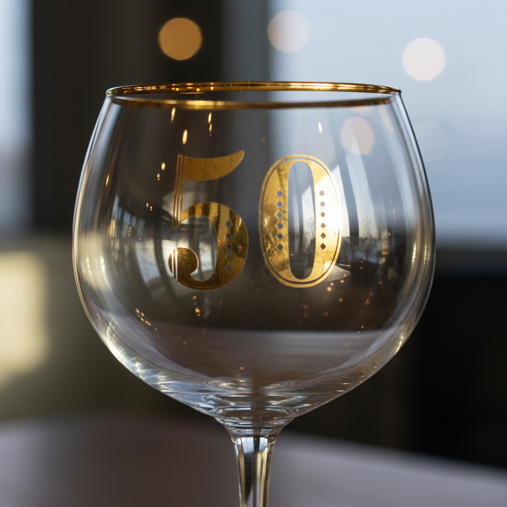 Extreme macro close-up of Art Deco etched geometric pattern and 50th detail on the gin glass surface