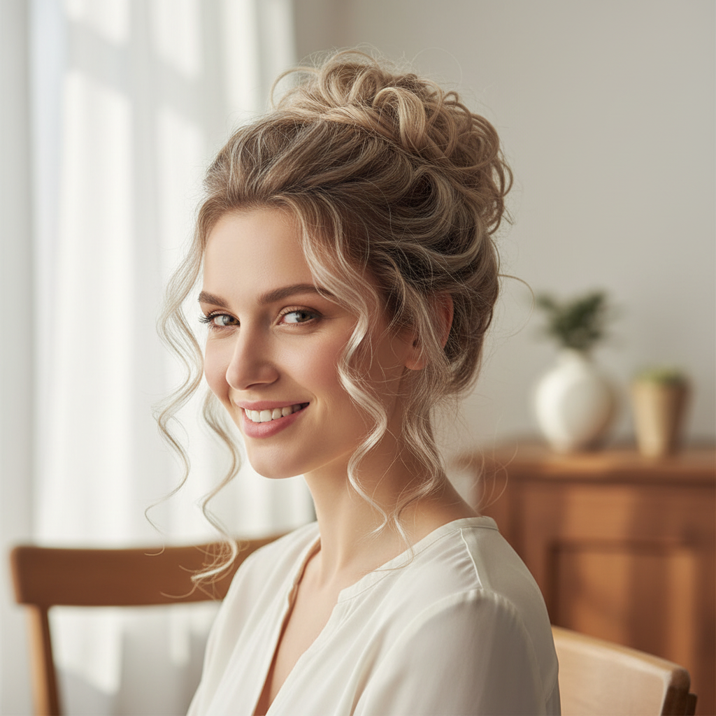 Woman with gorgeous voluminous cool ash blonde curly updo showing the beautiful result of wearing the 112 Ash Moon hair bun clip-in
