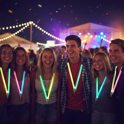 Teenagers wearing assorted neon glow sticks on lanyards at a night festival - Why Not Shop