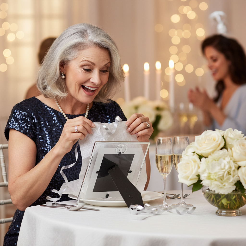 Stylish woman unwrapping a silver Age 60 milestone photo frame gift at a 60th birthday party