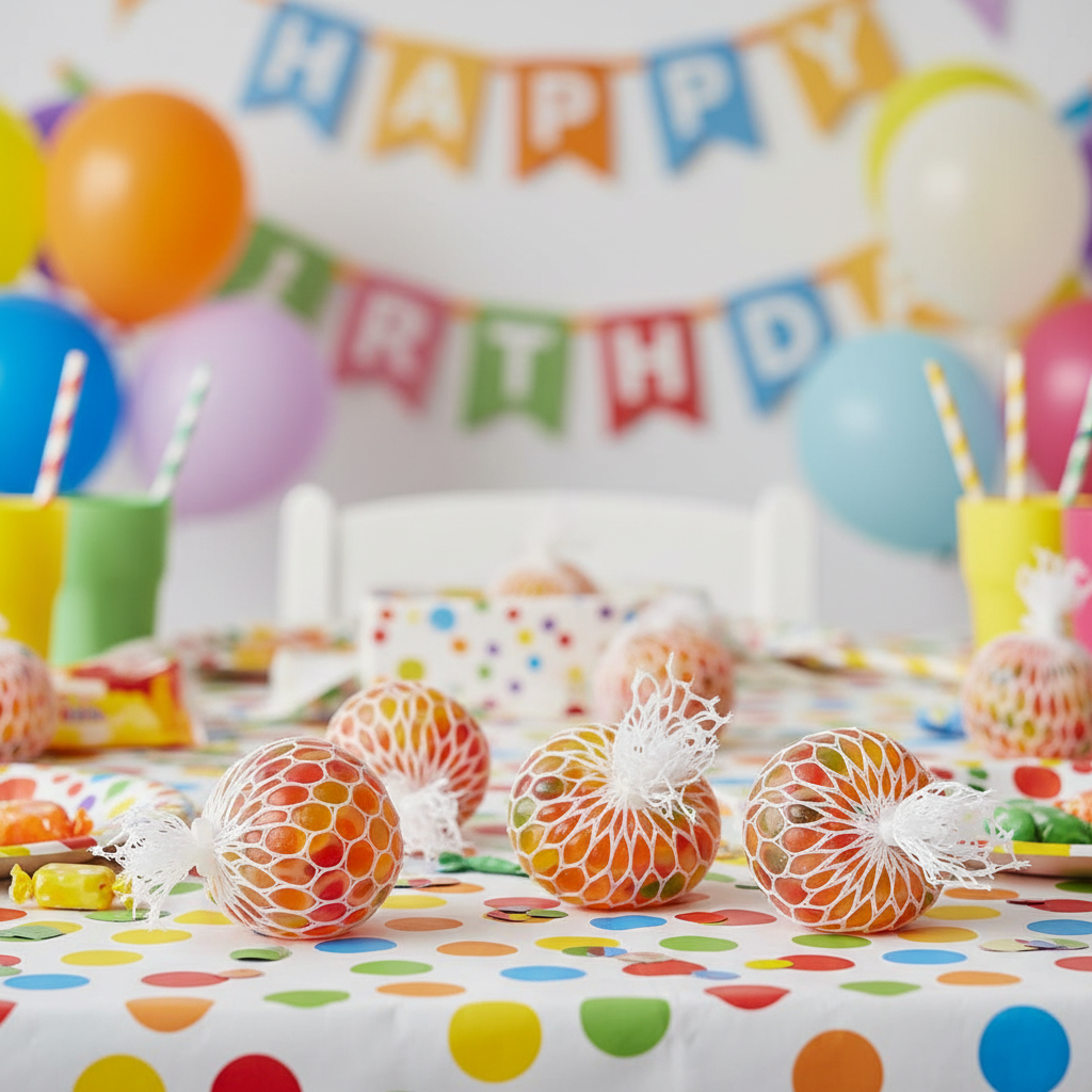 Assorted colourful mesh net bead squeeze balls scattered on kids birthday party table