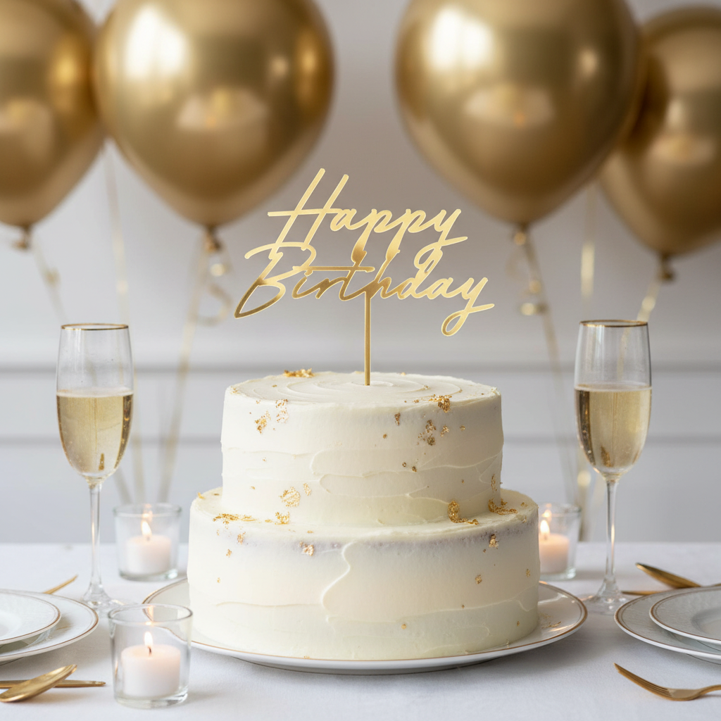 Gold Happy Birthday cake topper inserted into a white celebration cake on a decorated birthday party table
