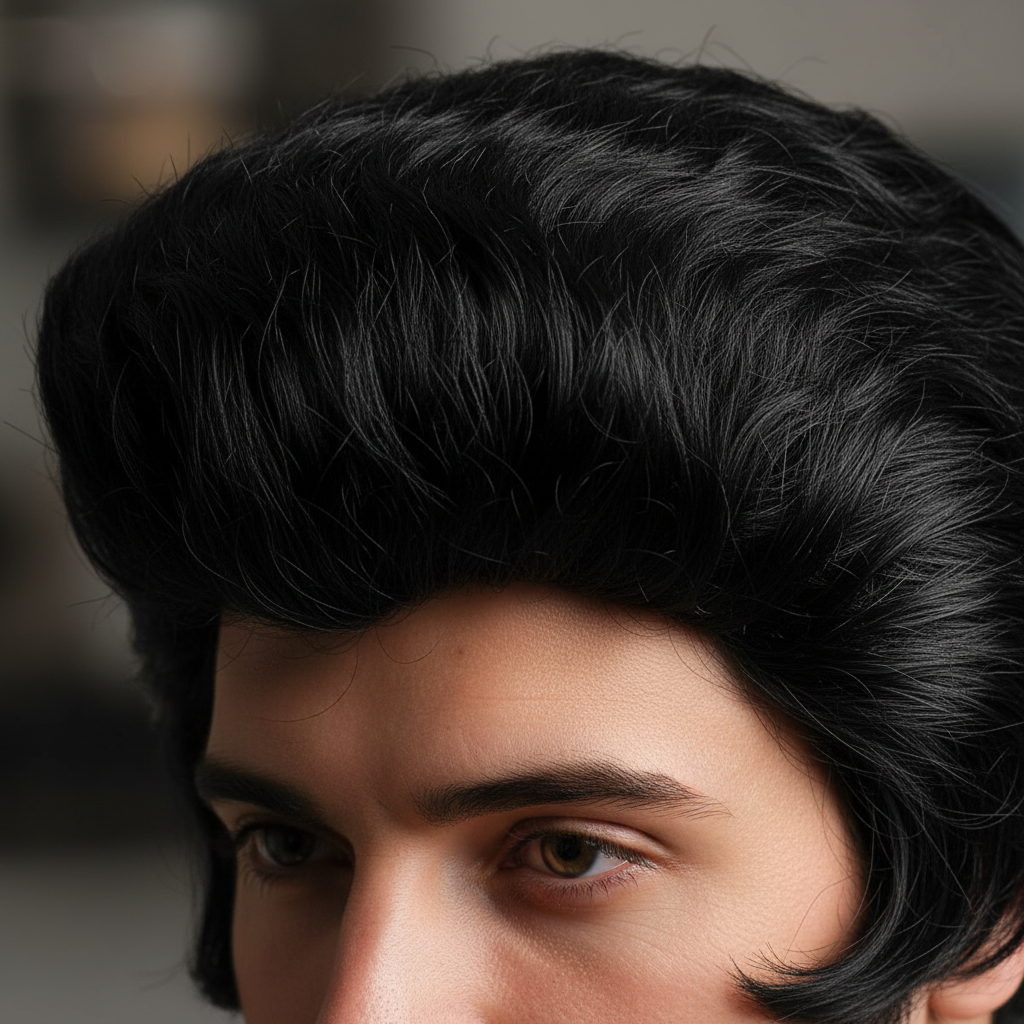 Extreme macro close-up of jet black Elvis wig showing silky synthetic fiber texture and pompadour structure