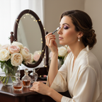 Woman in her 30s applying precise eyeshadow with a sponge applicator at an elegant dressing table with flowers and perfume bottles