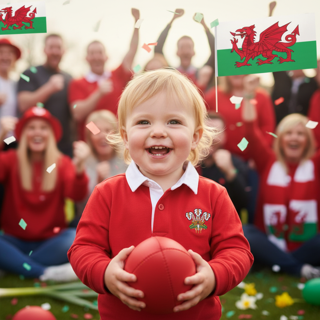 Toddler wearing Welsh red rugby shirt at celebration