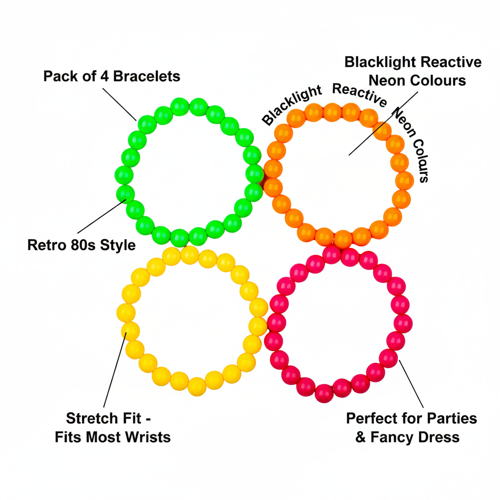 1980s neon bead bracelets 4 pack infographic showing pack of 4, stretch fit, blacklight reactive neon colours, retro 80s style and party use callouts