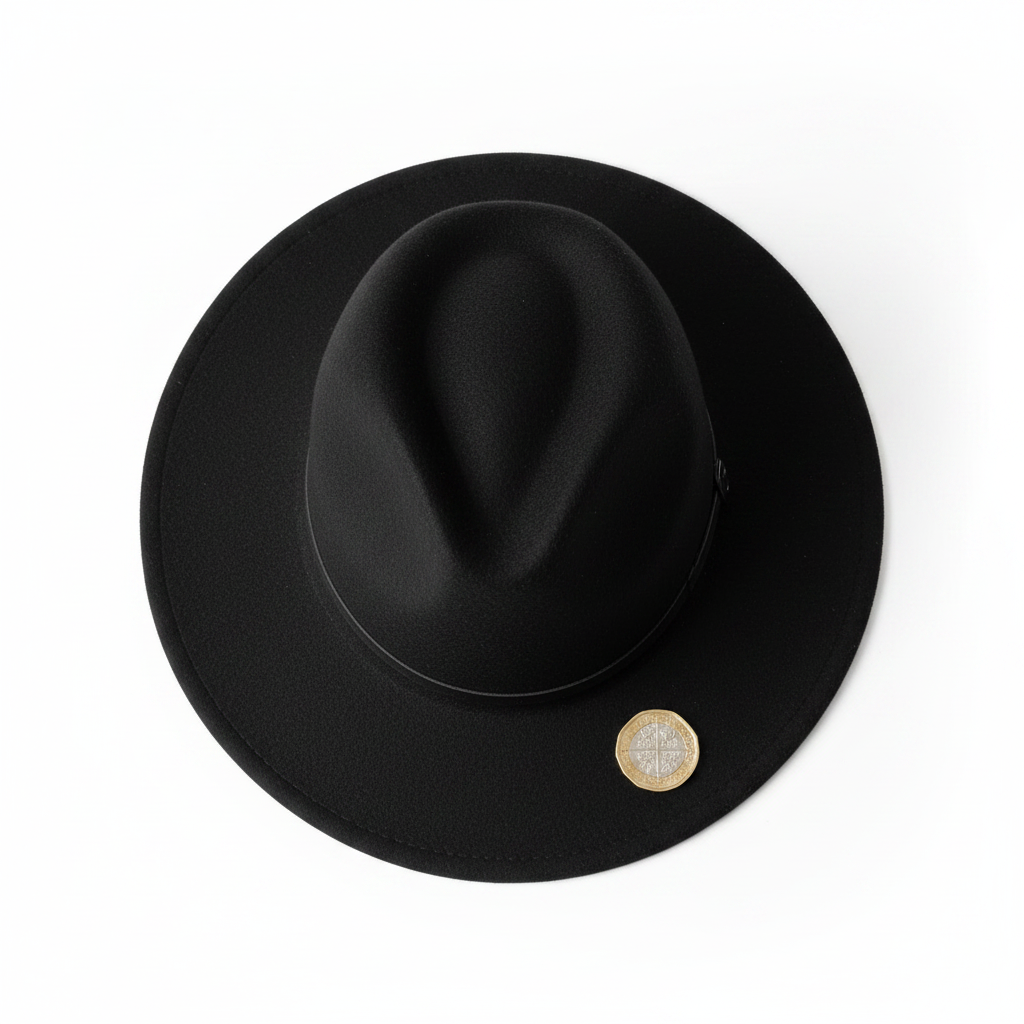 Classic black fedora hat beside £1 coin on white background for instant size reference