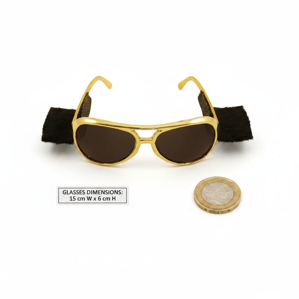 Flat lay of gold Elvis Presley glasses with black sideburns beside a British pound coin on white background to show scale