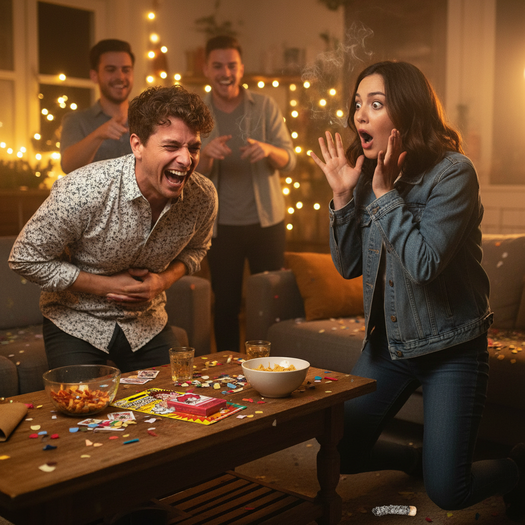 Person laughing while friend looks startled after exploding cigarette banger prank at party