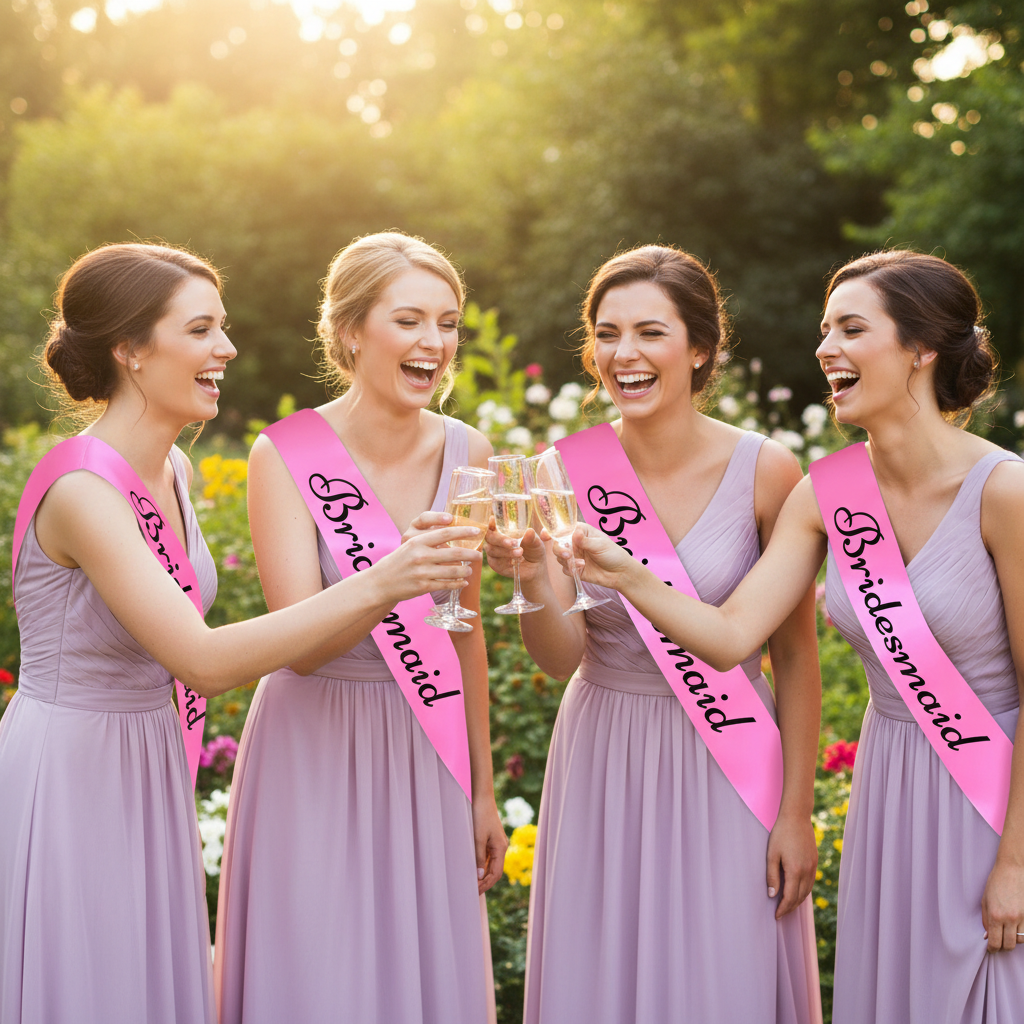 Four bridesmaids in pink satin sashes with black writing toasting with champagne in a beautiful garden on a wedding day