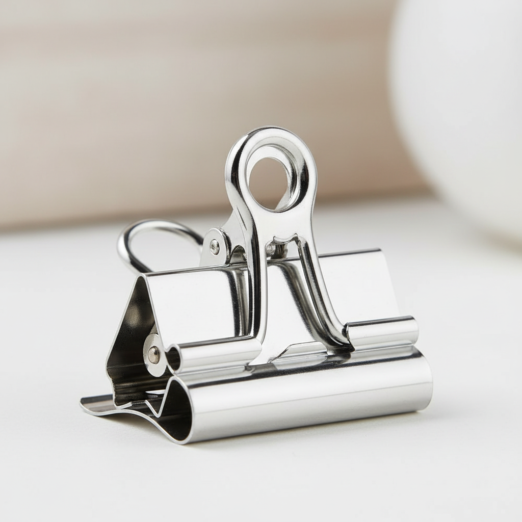 Extreme macro close-up of Tiger Binder Clip 30mm showing polished chrome finish and precision metal hinge mechanism