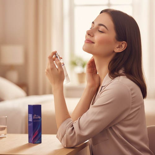 Woman applying Panache Parfum De Toilette — candid lifestyle moment with frosted bottle and silver cap