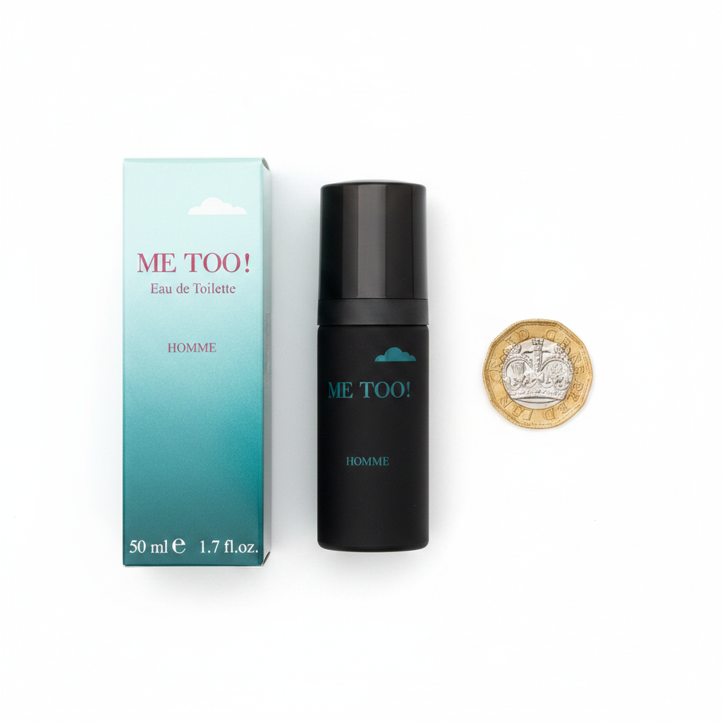 Flat lay of Milton Lloyd Me Too Homme 50ml EDT bottle and box beside a £1 coin for scale, white background