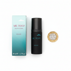 Flat lay of Milton Lloyd Me Too Homme 50ml EDT bottle and box beside a £1 coin for scale, white background