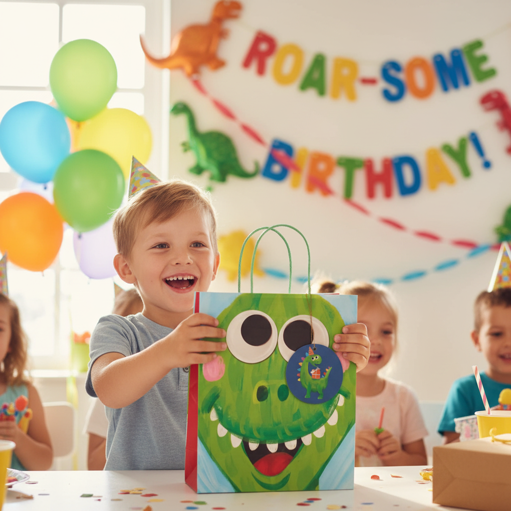 Happy young boy receiving a kids dinosaur gift bag at a birthday party