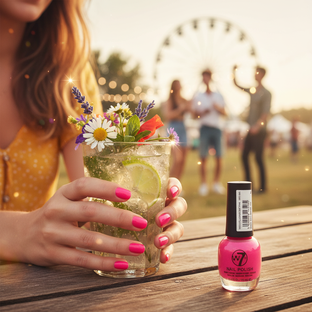Aspirational festival scene with W7 Fluorescent Pink Nail Polish, woman with vivid hot pink nails at golden hour, fun and confident