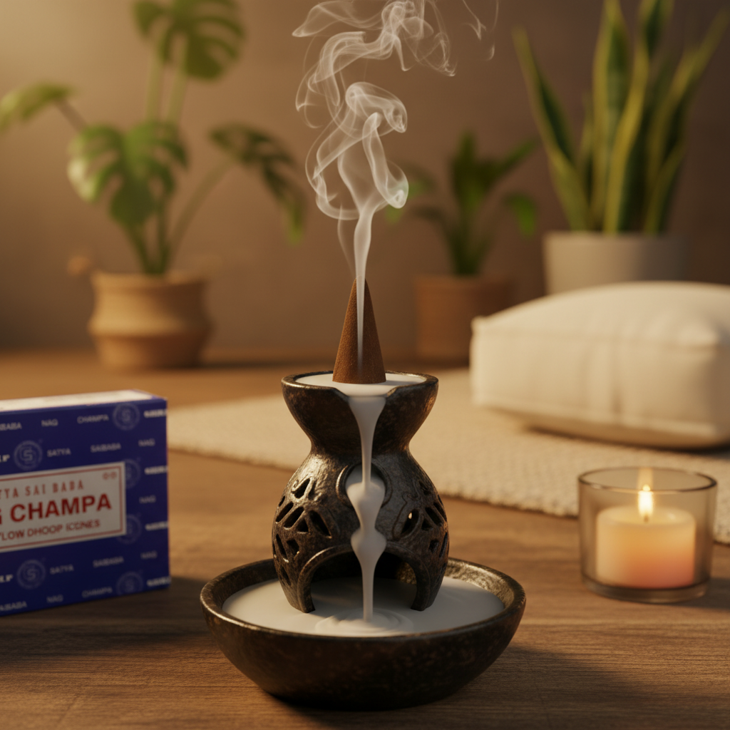 Satya Nag Champa backflow incense cone producing a cascading smoke waterfall in a ceramic burner during a golden hour meditation session