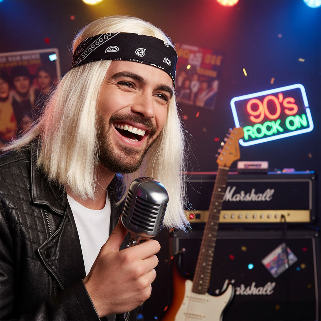 Close-up of man wearing 90s blonde rocker wig with black and white bandana