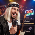 Close-up of man wearing 90s blonde rocker wig with black and white bandana