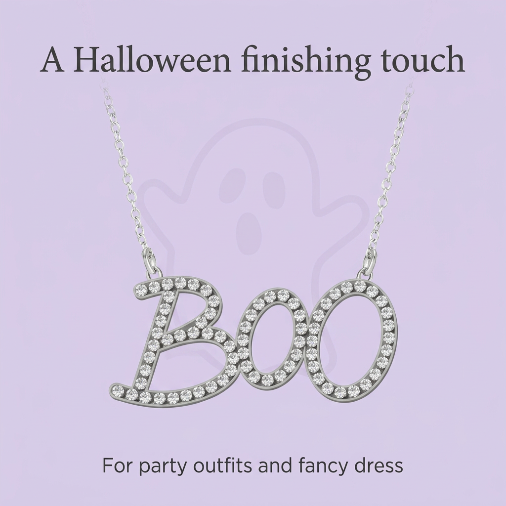 BOO necklace on a lavender background with Halloween party and fancy dress styling text