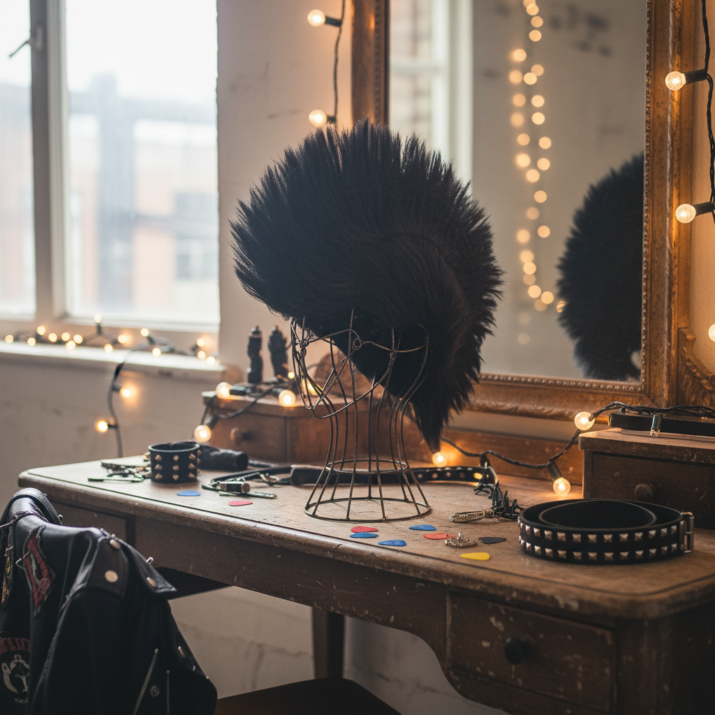 Black mohawk wig on backstage dressing table with rock concert props and string lights