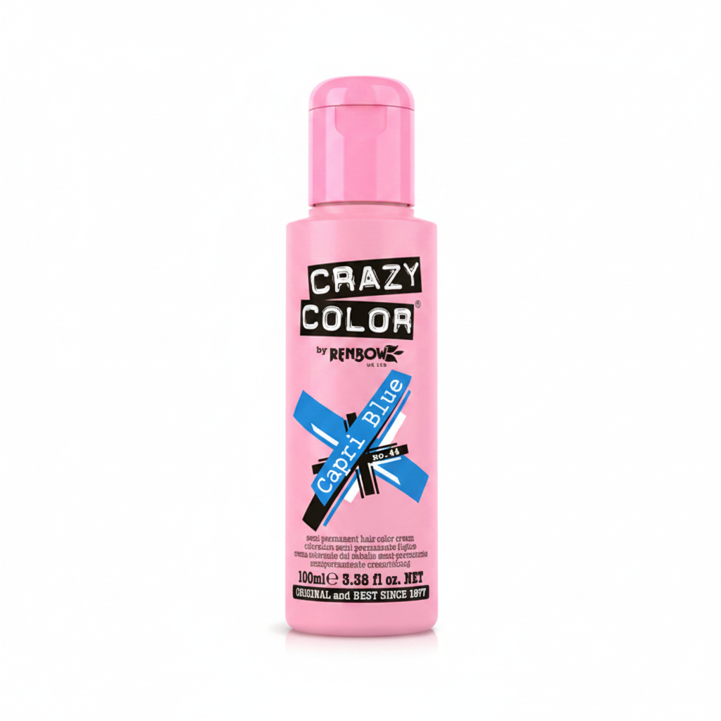 Crazy Color Capri Blue No.44 Semi-Permanent Hair Dye 100ml on a pure white studio background, candy pink bottle with vivid blue cross label graphic