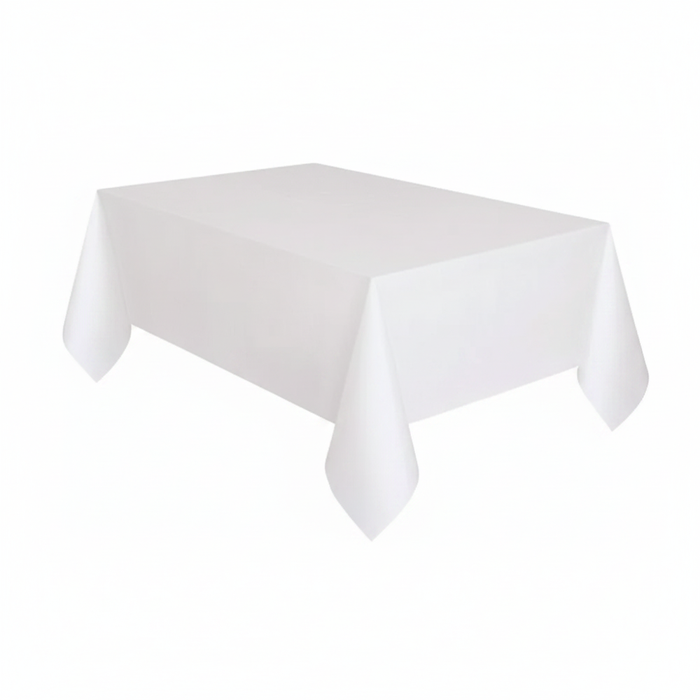 White plastic tablecloth draped over a rectangular table on a pure white background — studio hero shot