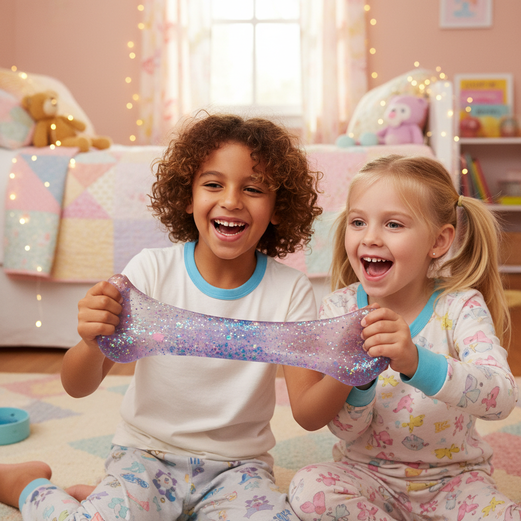 Two children sharing and playing with Scrunchems Sugar Diamond Squishie Glitter Toy - Why Not Shop