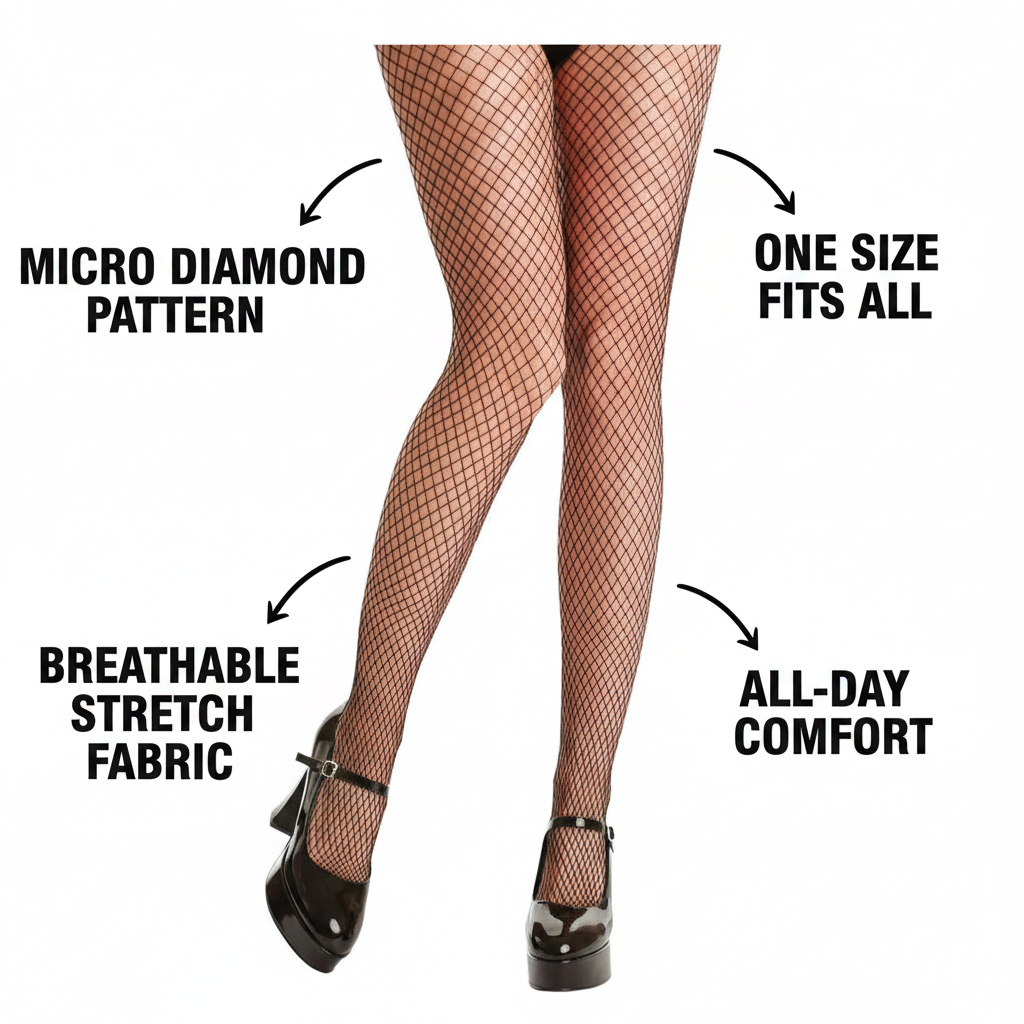 Womens black micro diamond fishnet tights feature infographic showing key product benefits and specifications
