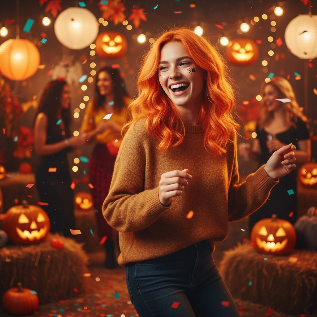 Person with vibrant orange temporary hair colour at Halloween party - Party Success hair spray results