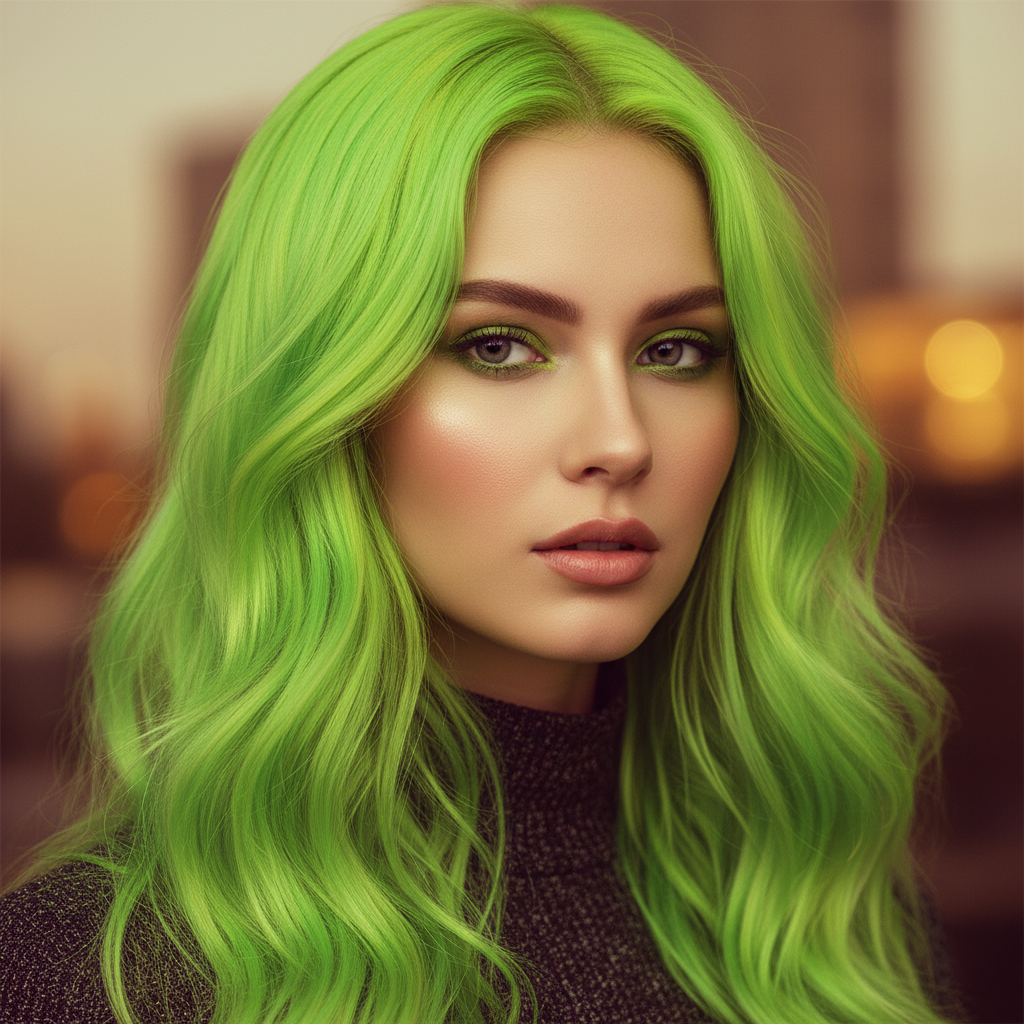 Bold editorial portrait of woman with vivid emerald green hair achieved with Crazy Color semi-permanent hair dye