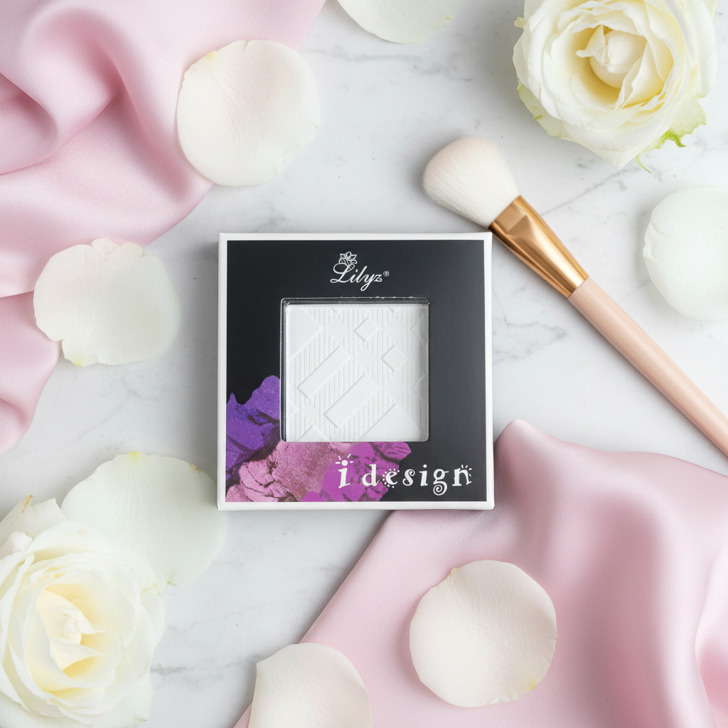 Lilyz Snow White eyeshadow compact flat lay with white roses and makeup brush on marble